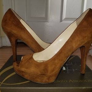 Enzo Angiolini Medium Brown Sued Peep Toe Pumps